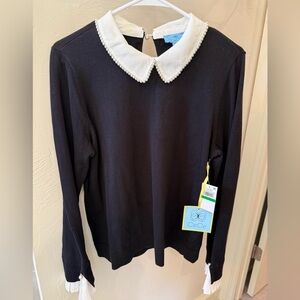 NWT CeCe Black Sweater with Pearl-Trimmed White Collar